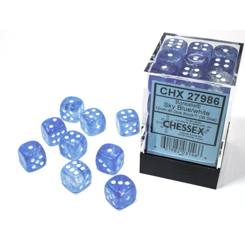 Borealis 12mm Sky Blue/White d6 Dice Set (36)