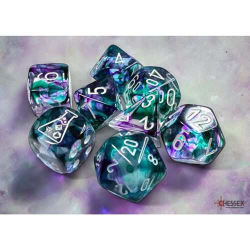 Nebula Fluorite/white Polyhedral 7-Dice Set (with bonus die)