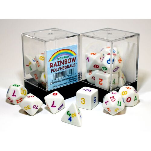 Polyhedral Opaque White w/ Rainbow 7-die set in Plastic box