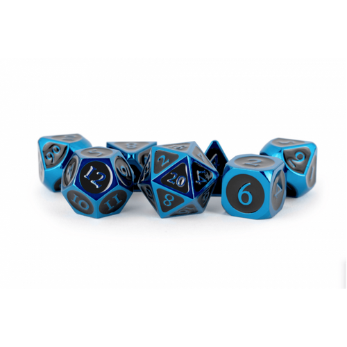 16mm Metal Polyhedral Dice Set: Blue w/ Black Enamel